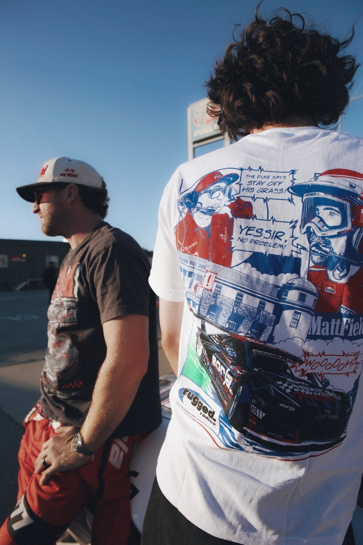 White MF x Rugged Radios T-shirt with large back graphic print