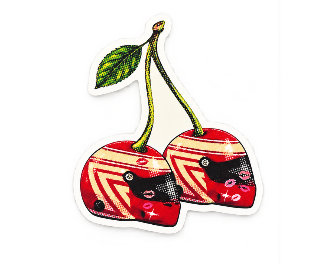 MF777 cherry helmet sticker, red cherries with black faces and green stems, die-cut
