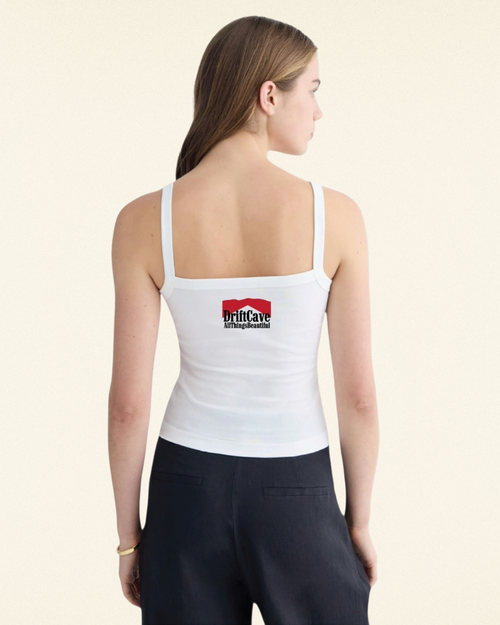 White tank top with square back and printed racing logo