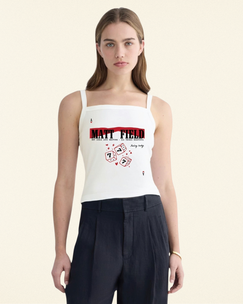 White square-neck tank top with front graphic print