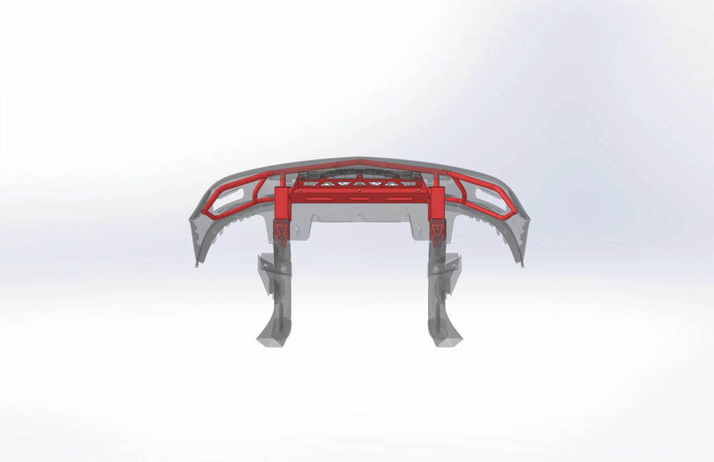 Racing tube front end with red crossbar and gray support arms, front view assembly