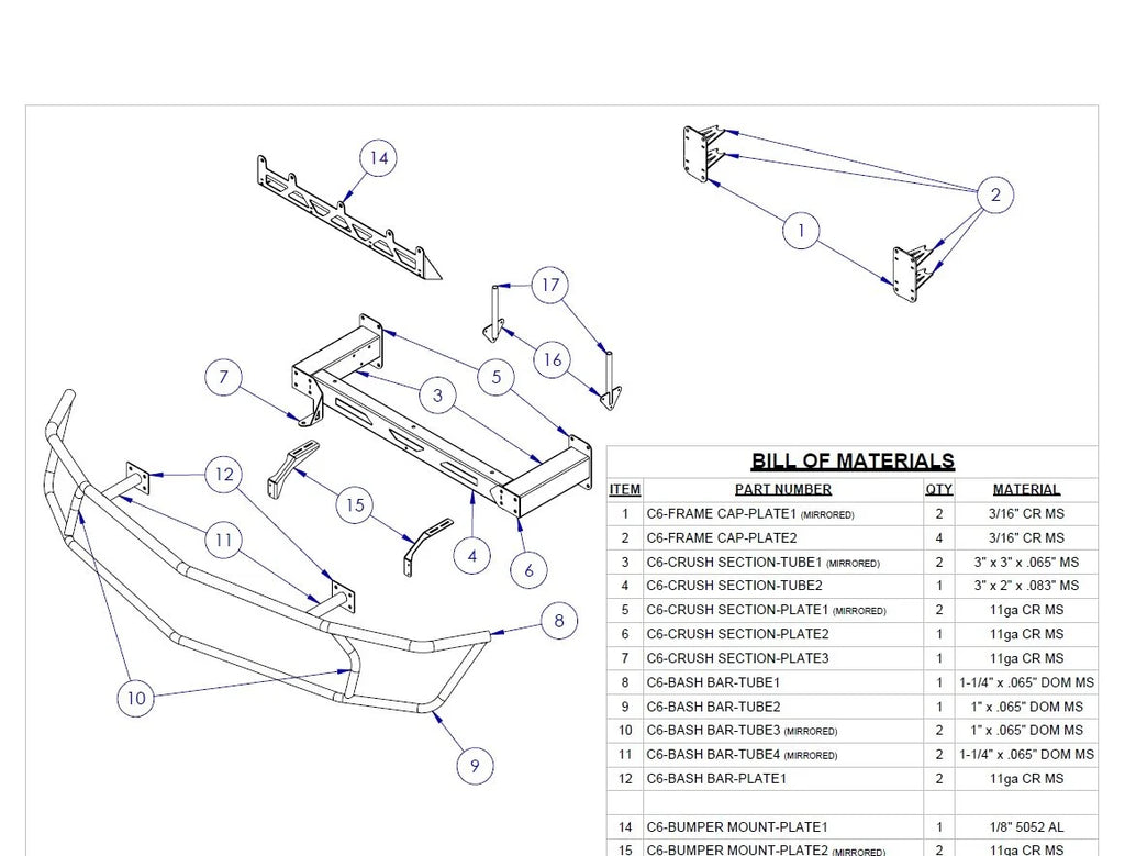 Exploded parts diagram for racing tube front end with bash bar and numbered components