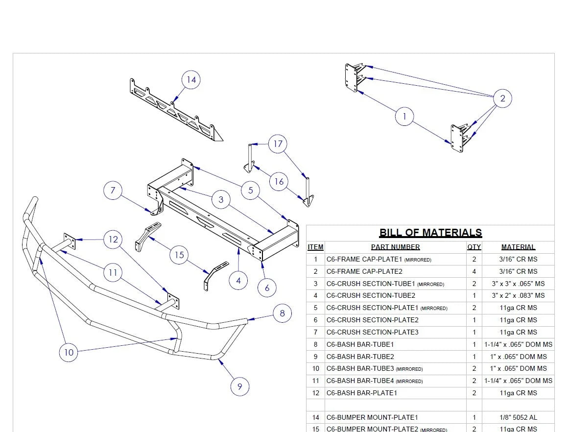 Exploded parts diagram for racing tube front end with bash bar and numbered components