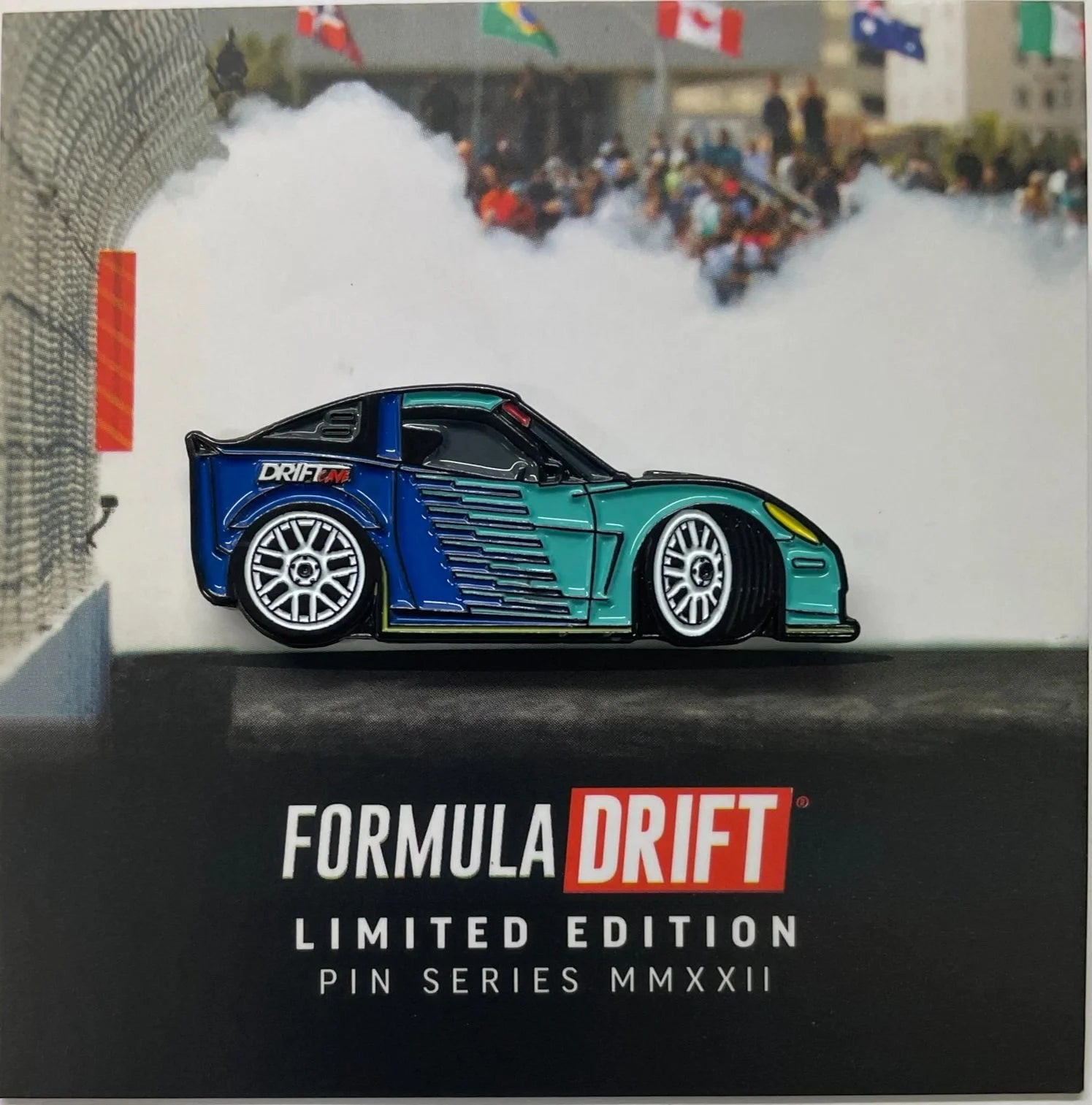 Formula Drift limited edition Corvette enamel pin on card with blue teal car artwork