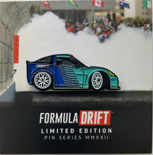 Formula Drift limited edition Corvette enamel pin on card with blue teal car artwork
