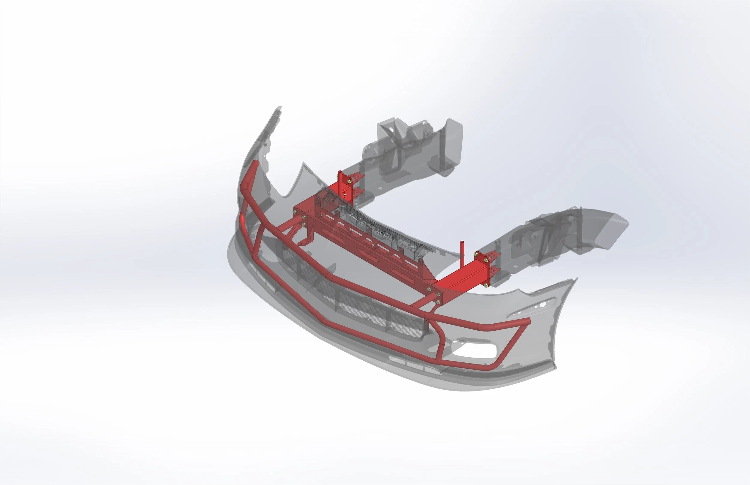 Racing tube front end with red bash bar and tubular bracing, front section assembly