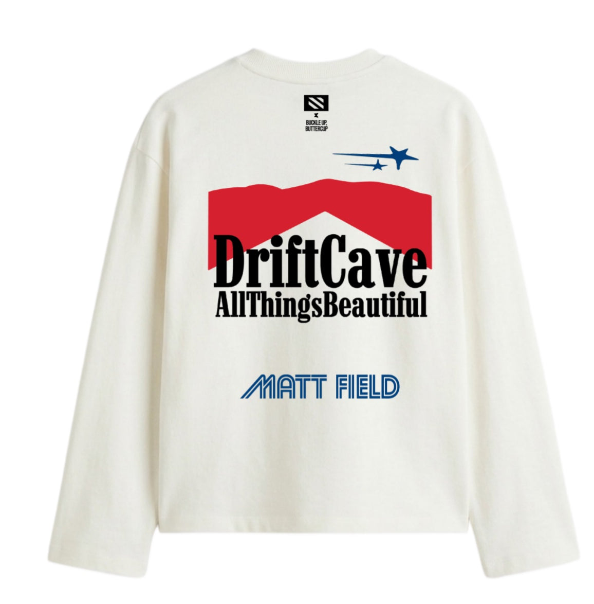 White long-sleeve shirt with large DriftCave back graphic and Matt Field logo