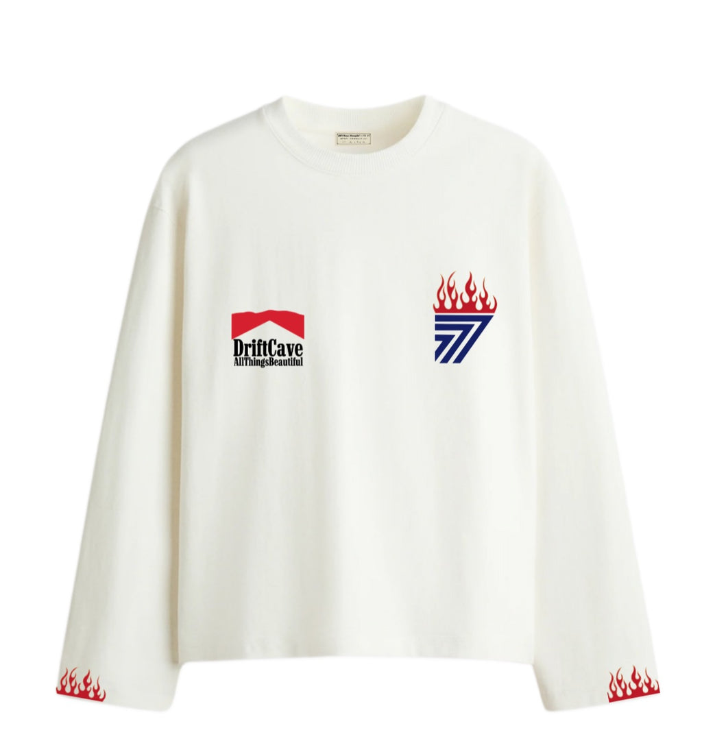 White long-sleeve shirt with DriftCave front logos and flame icons on sleeve cuffs