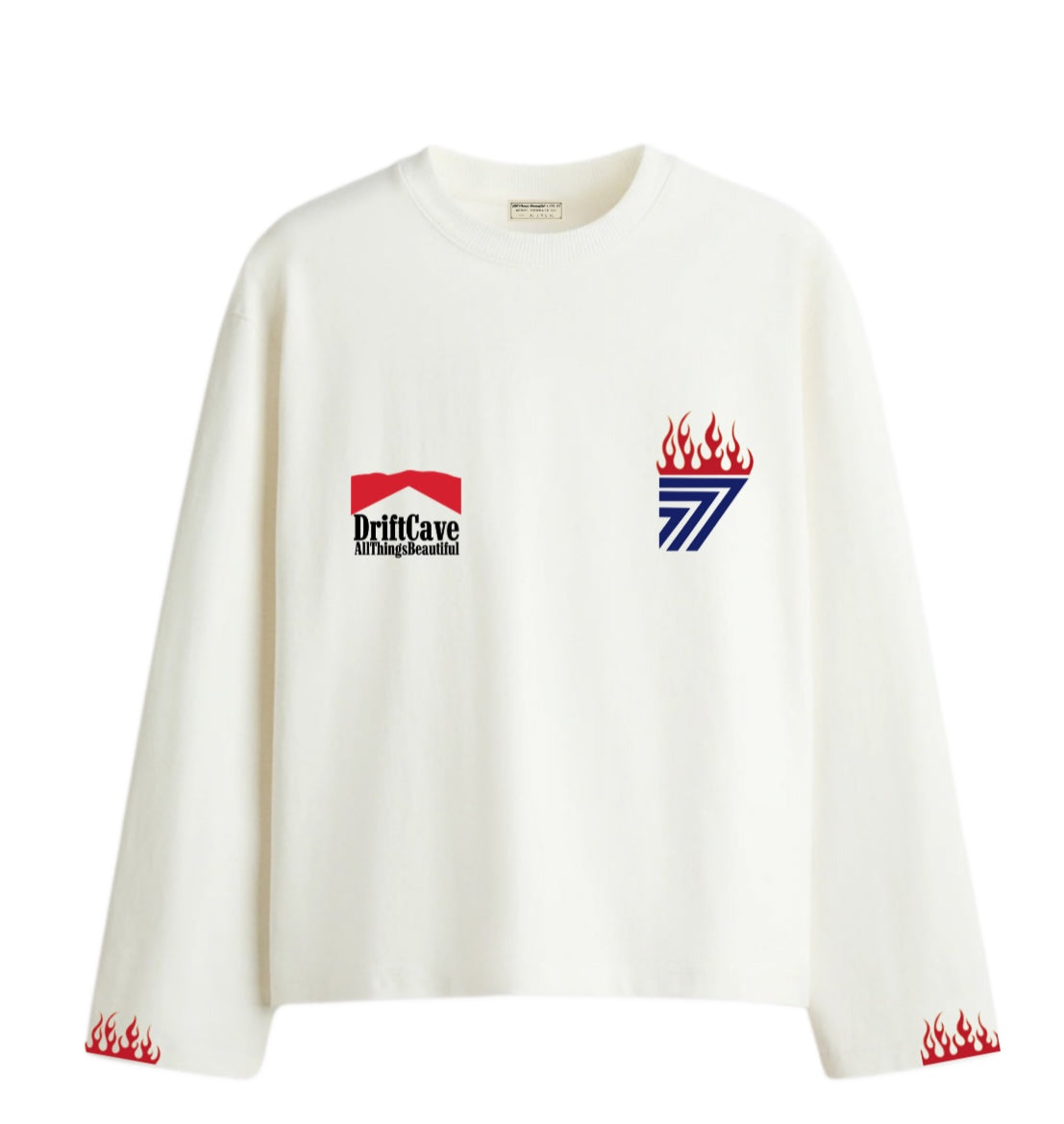White long-sleeve shirt with DriftCave front logos and flame icons on sleeve cuffs