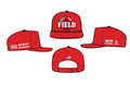 Red crew hat with embroidered Field logo, adjustable snapback back strap