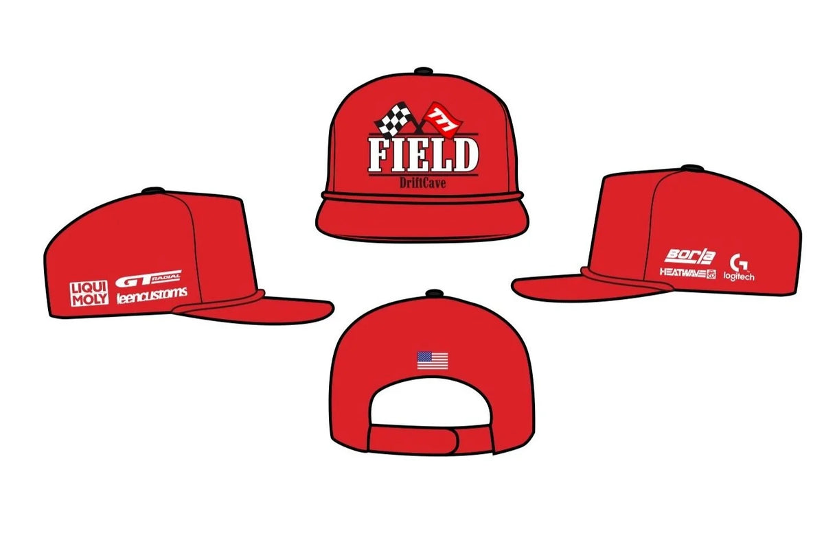 Red crew hat with embroidered Field logo, adjustable snapback back strap