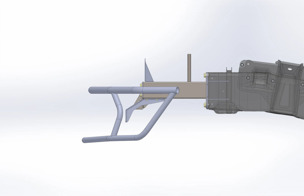 Racing tube front end with gray tubular bars and bumper mount brackets, side view