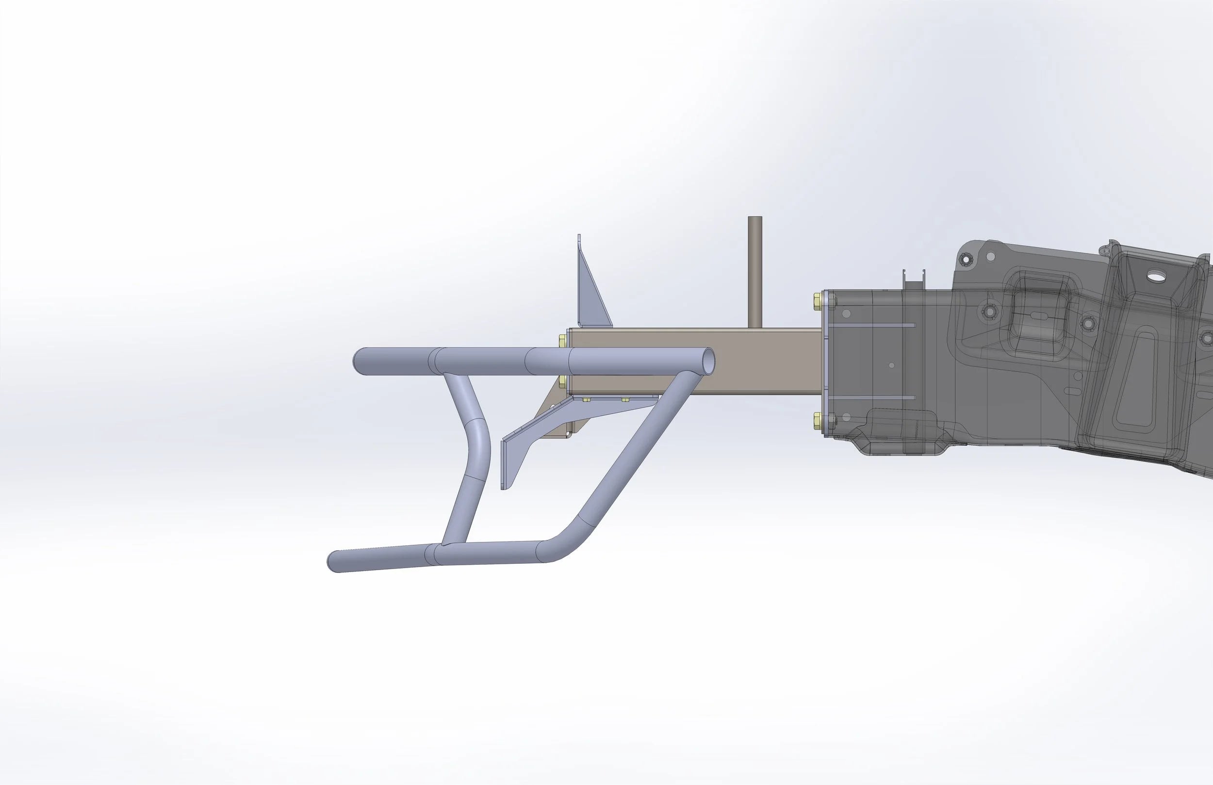 Racing tube front end with gray tubular bars and bumper mount brackets, side view
