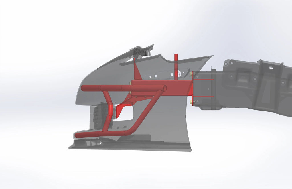 Racing tube front end with red brace bar and mounting brackets, side view assembly