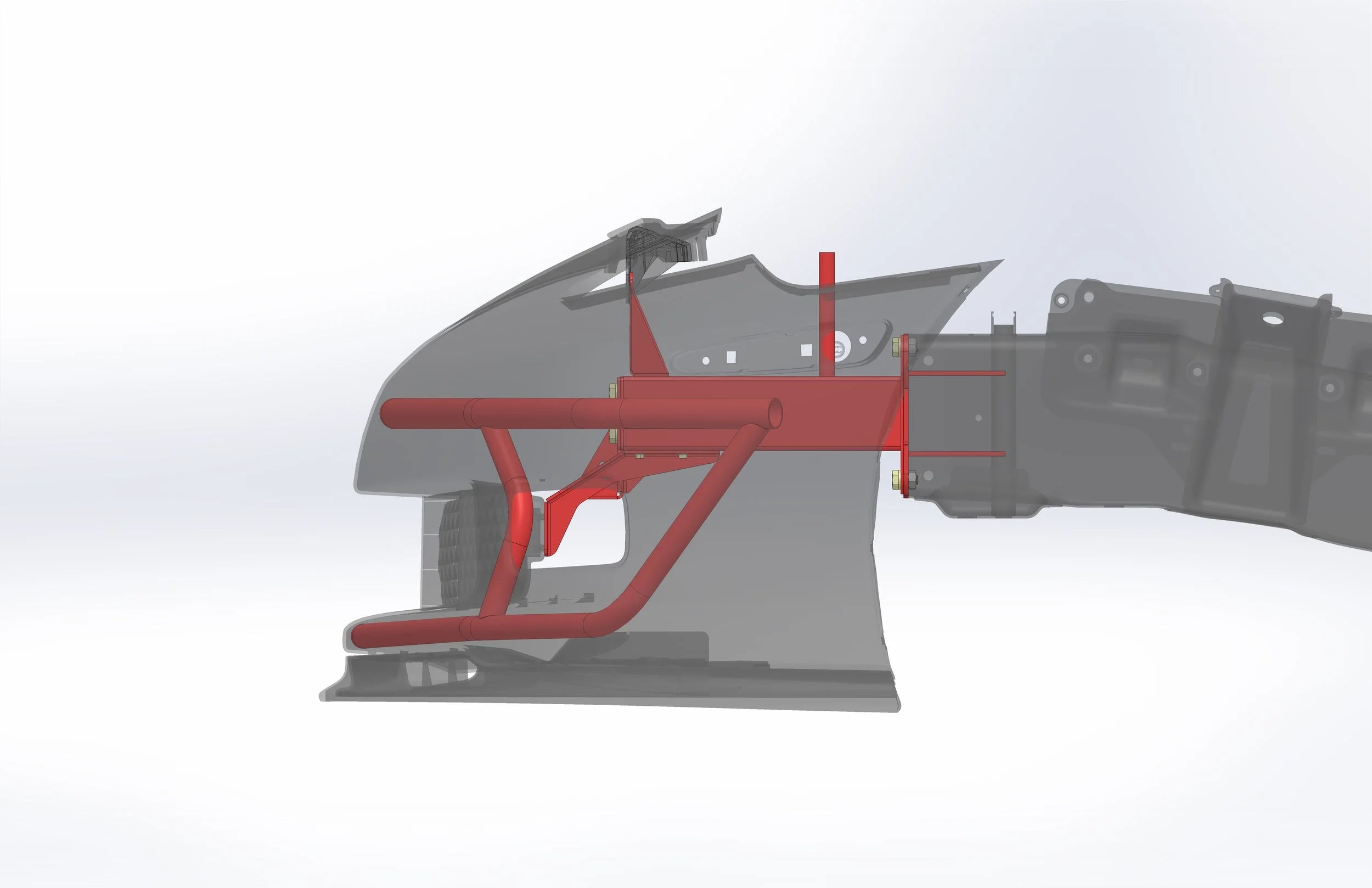 Racing tube front end with red brace bar and mounting brackets, side view assembly