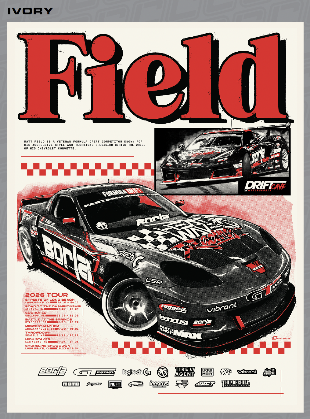 Matt Field C6/C8 T-shirt design in ivory with red racing car graphic and Field text