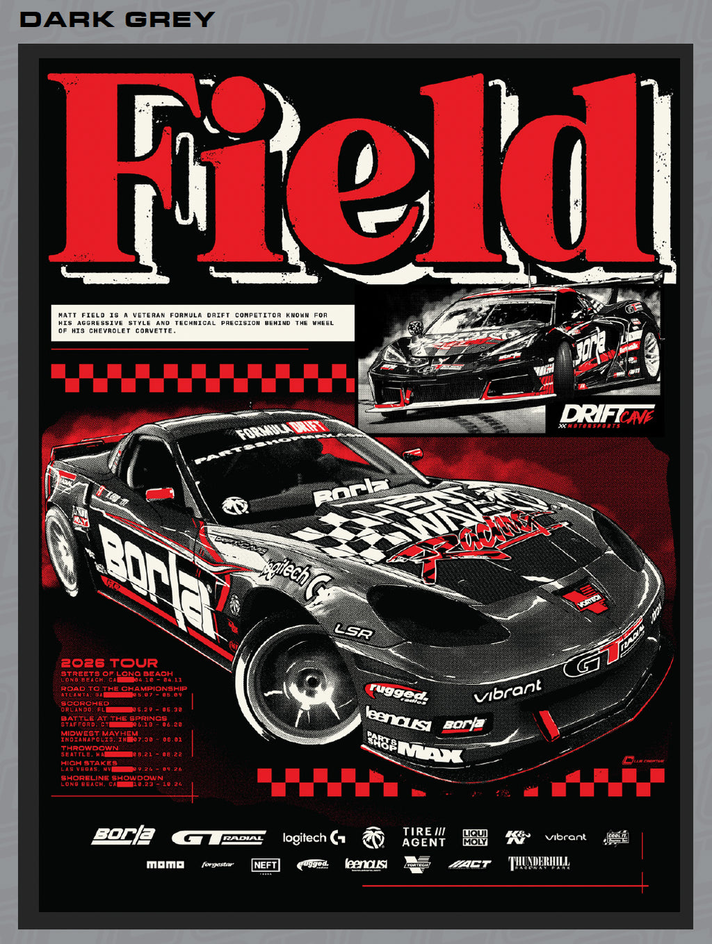 Matt Field C6/C8 T-shirt design in dark grey with red racing car graphic and Field text