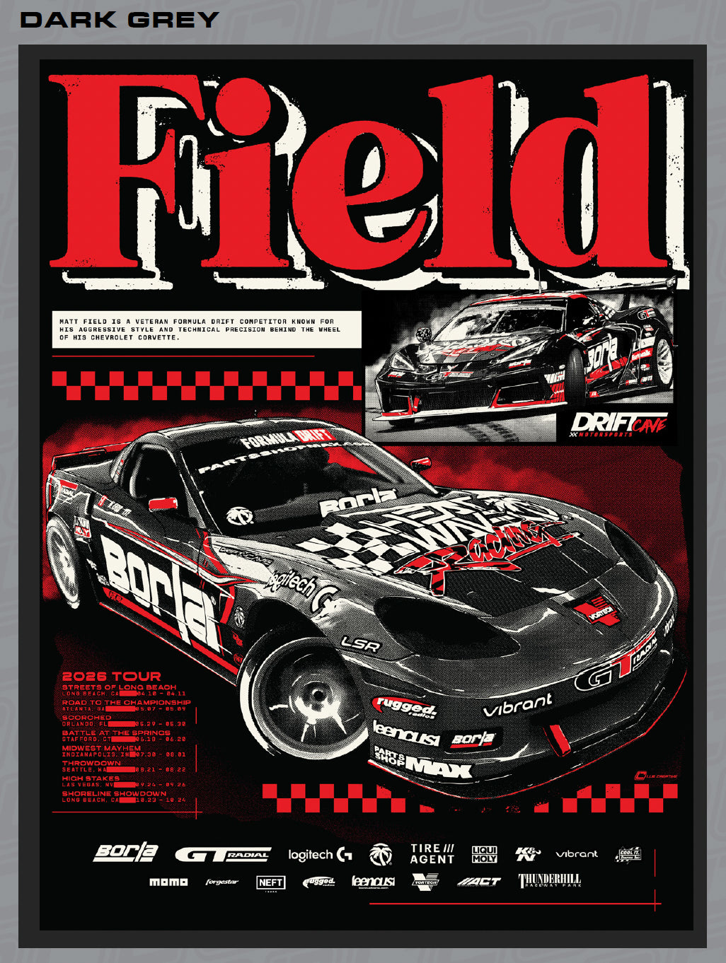 Matt Field C6/C8 T-shirt design in dark grey with red racing car graphic and Field text