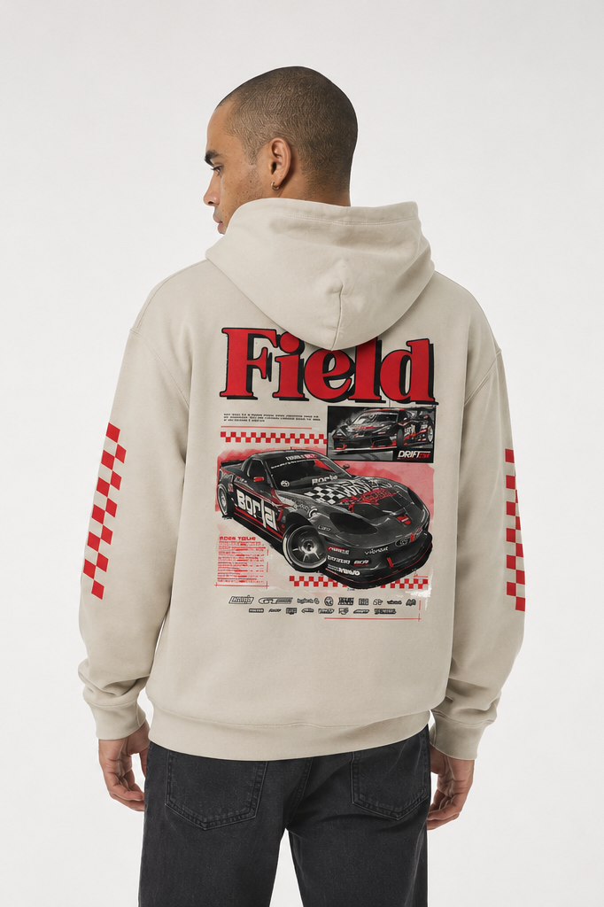 Ivory pullover hoodie with red Field racing graphic on back and red sleeve stripe accents