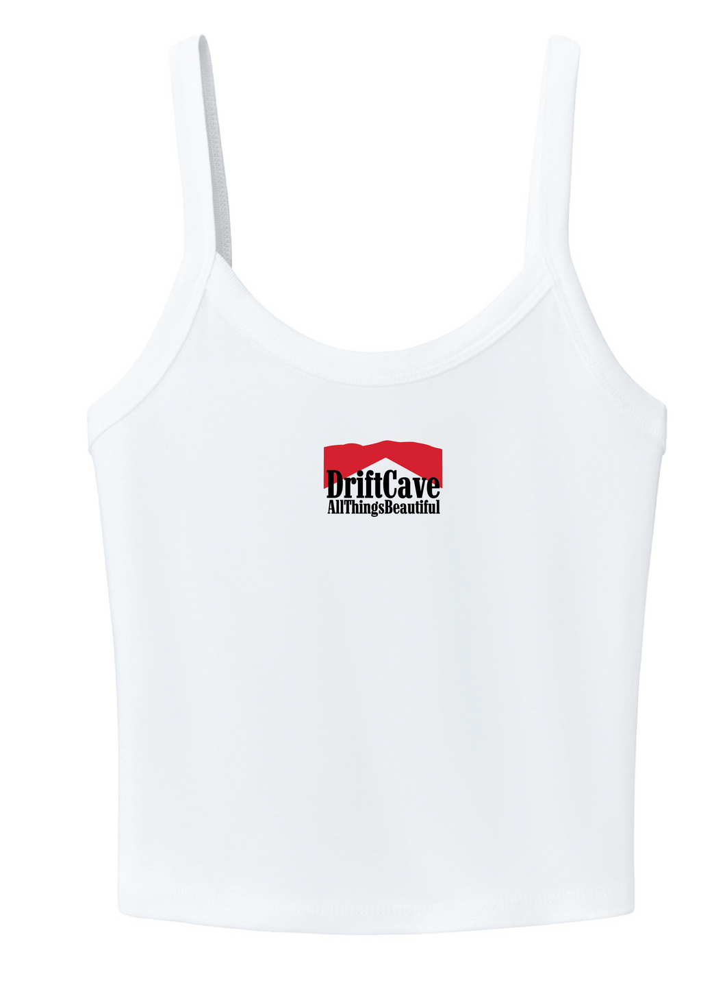 White tank top with centered red DriftCave logo print