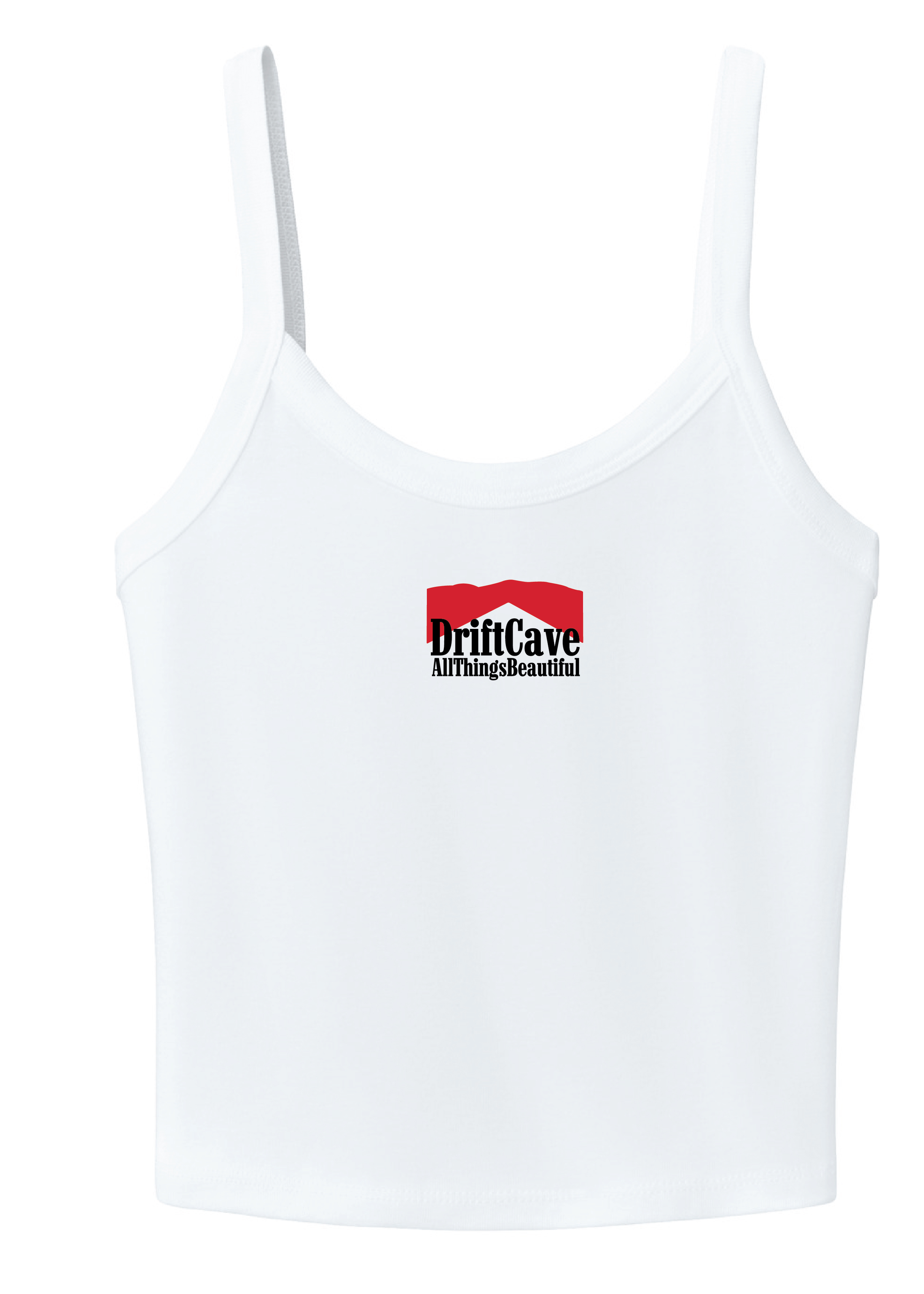 White tank top with centered red DriftCave logo print