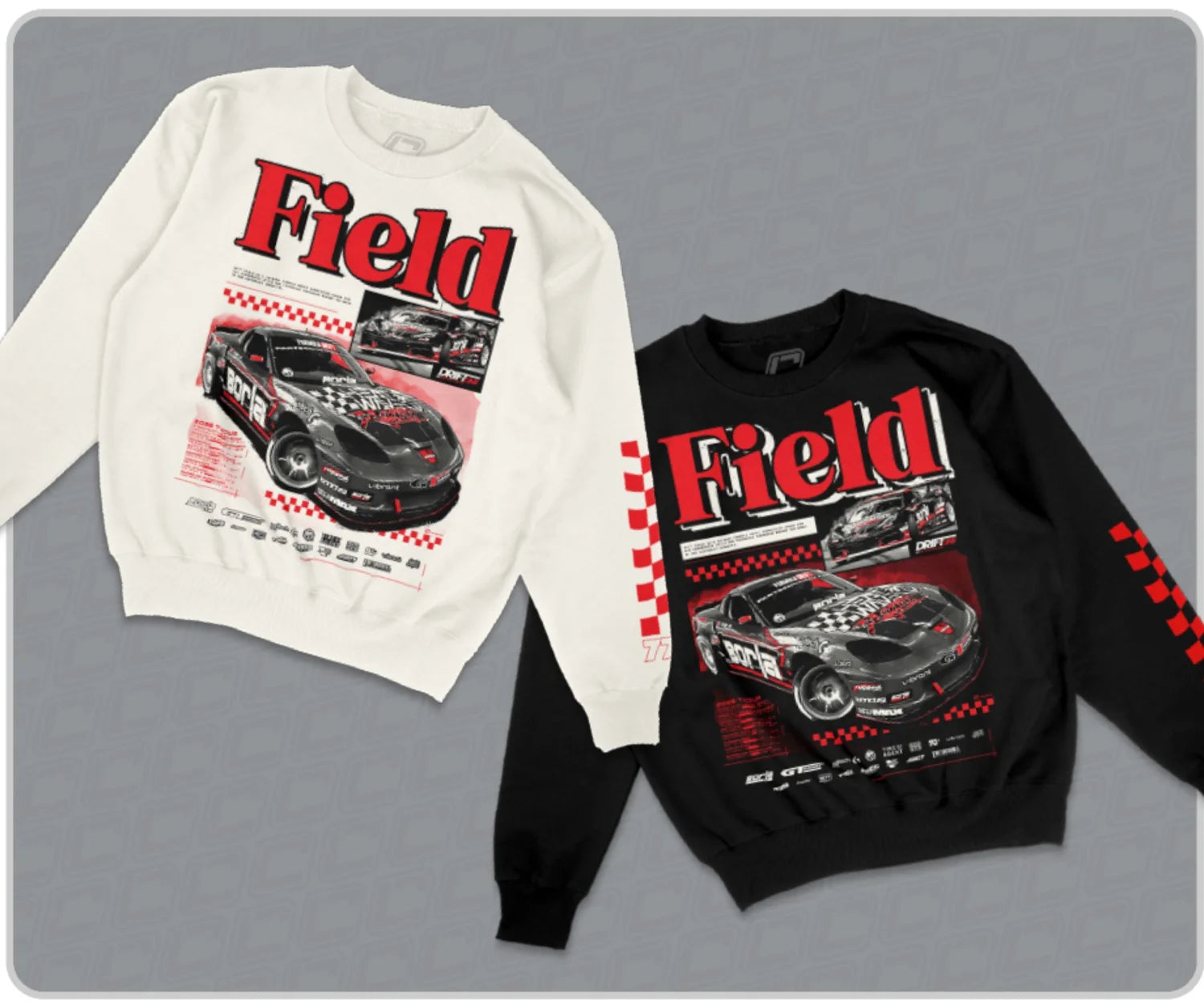 Ivory and black crewneck sweatshirts, each with large red 'Field' racing graphic