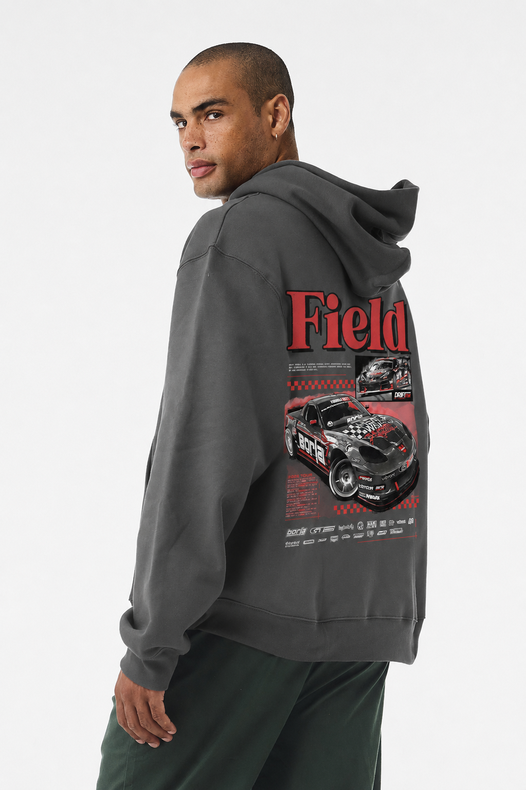 Dark gray pullover hoodie with red Field racing graphic on back and hood