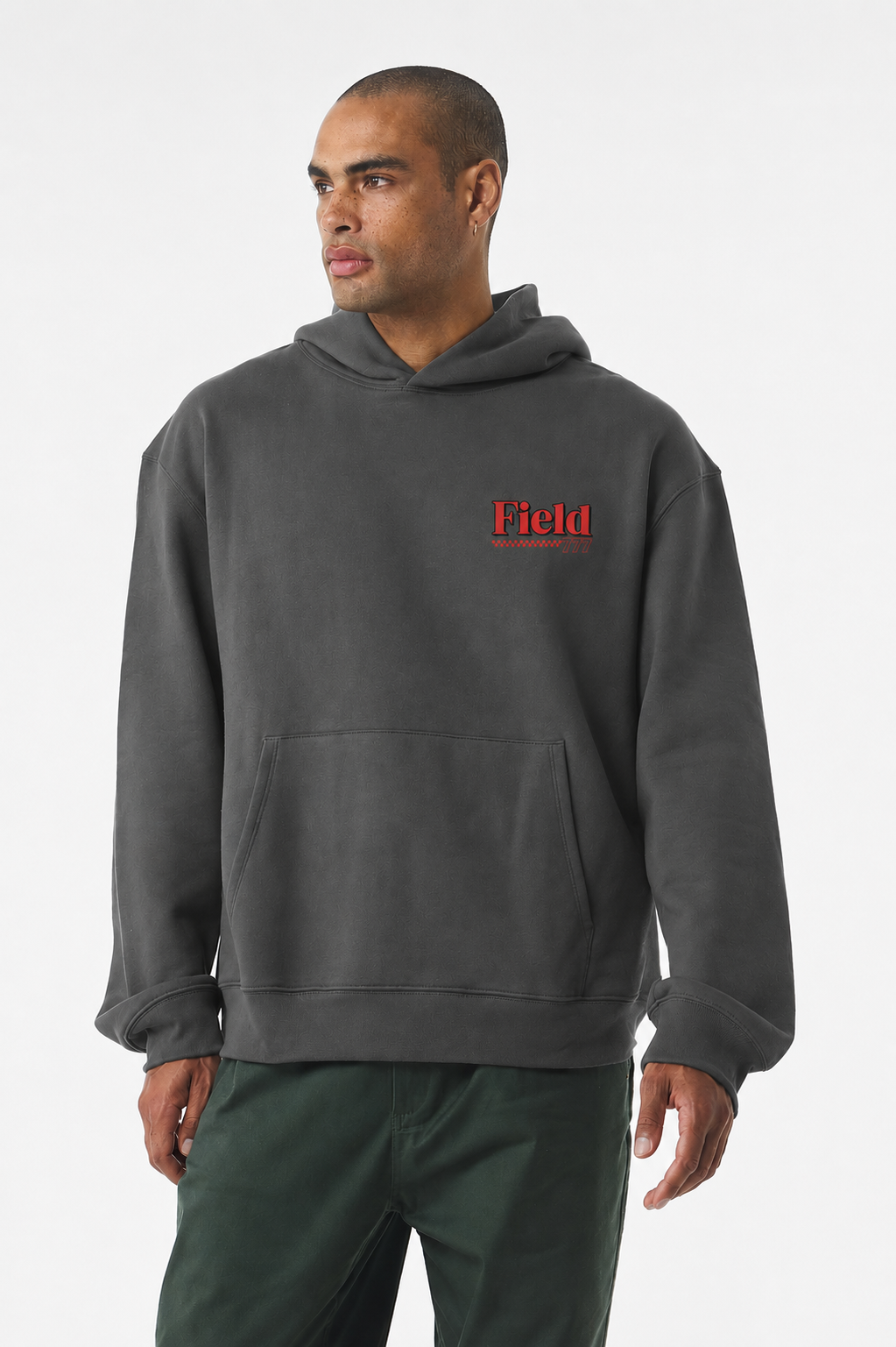Dark gray pullover hoodie with red Field chest logo and front kangaroo pocket