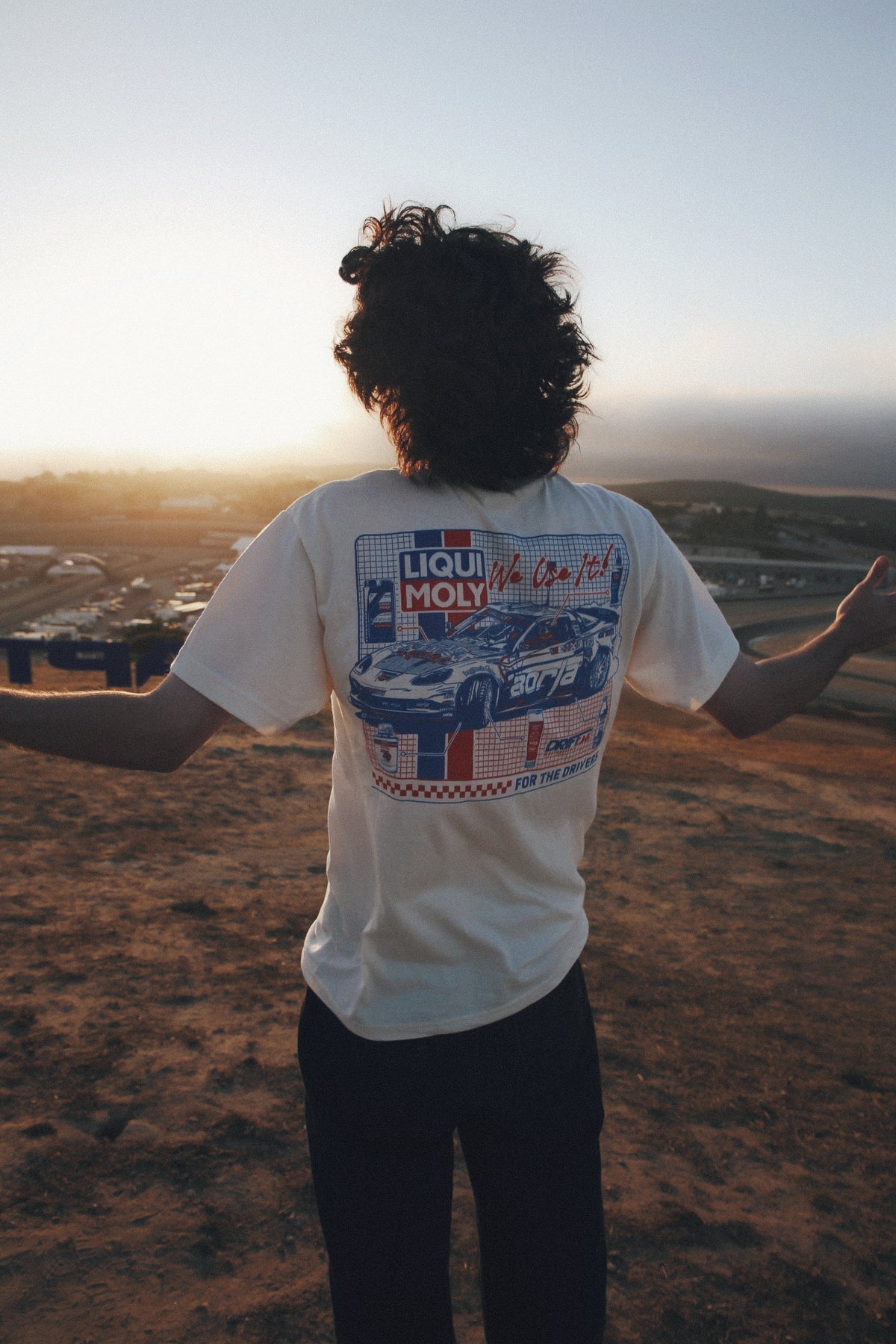 White crew-neck T-shirt with large back Liqui Moly racing graphic