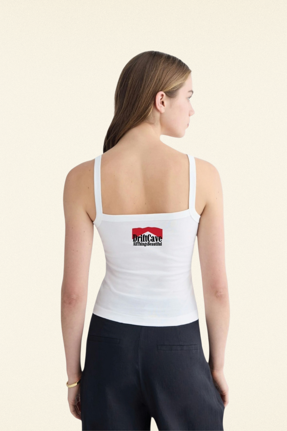 ATBXO Feeling Lucky tank, white spaghetti-strap with graphic text on back