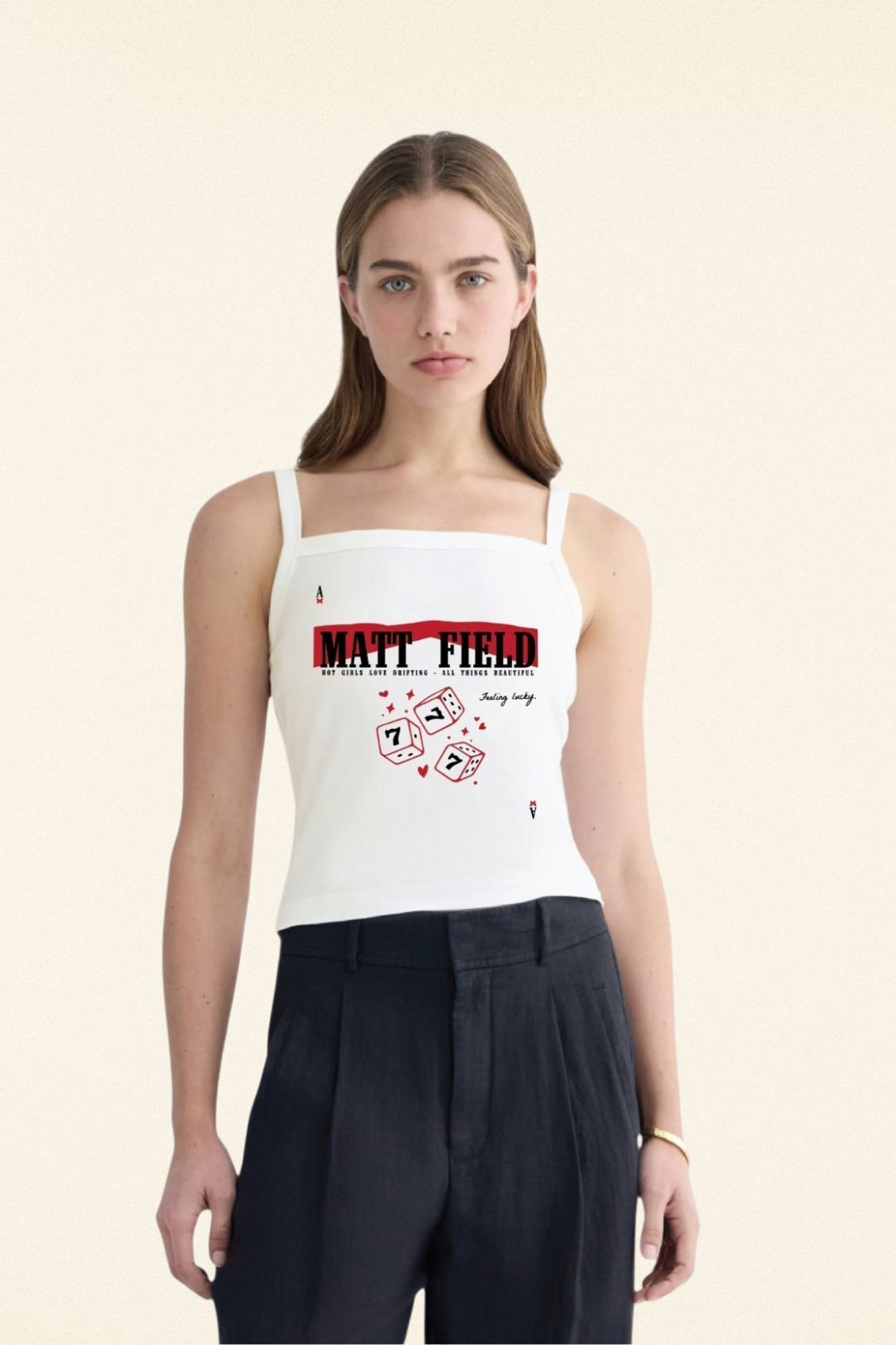 ATBXO Feeling Lucky tank, white spaghetti-strap with 'MATT FIELD' front graphic
