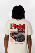 Ivory Matt Field C6/C8 T-shirt with large red Field racing graphic on the back