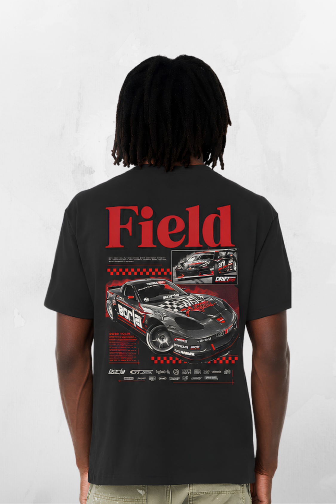 Black Matt Field C6/C8 T-shirt with large red Field racing graphic on the back