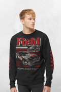 Black crewneck sweatshirt with red 'Field' racing car graphic and long sleeves