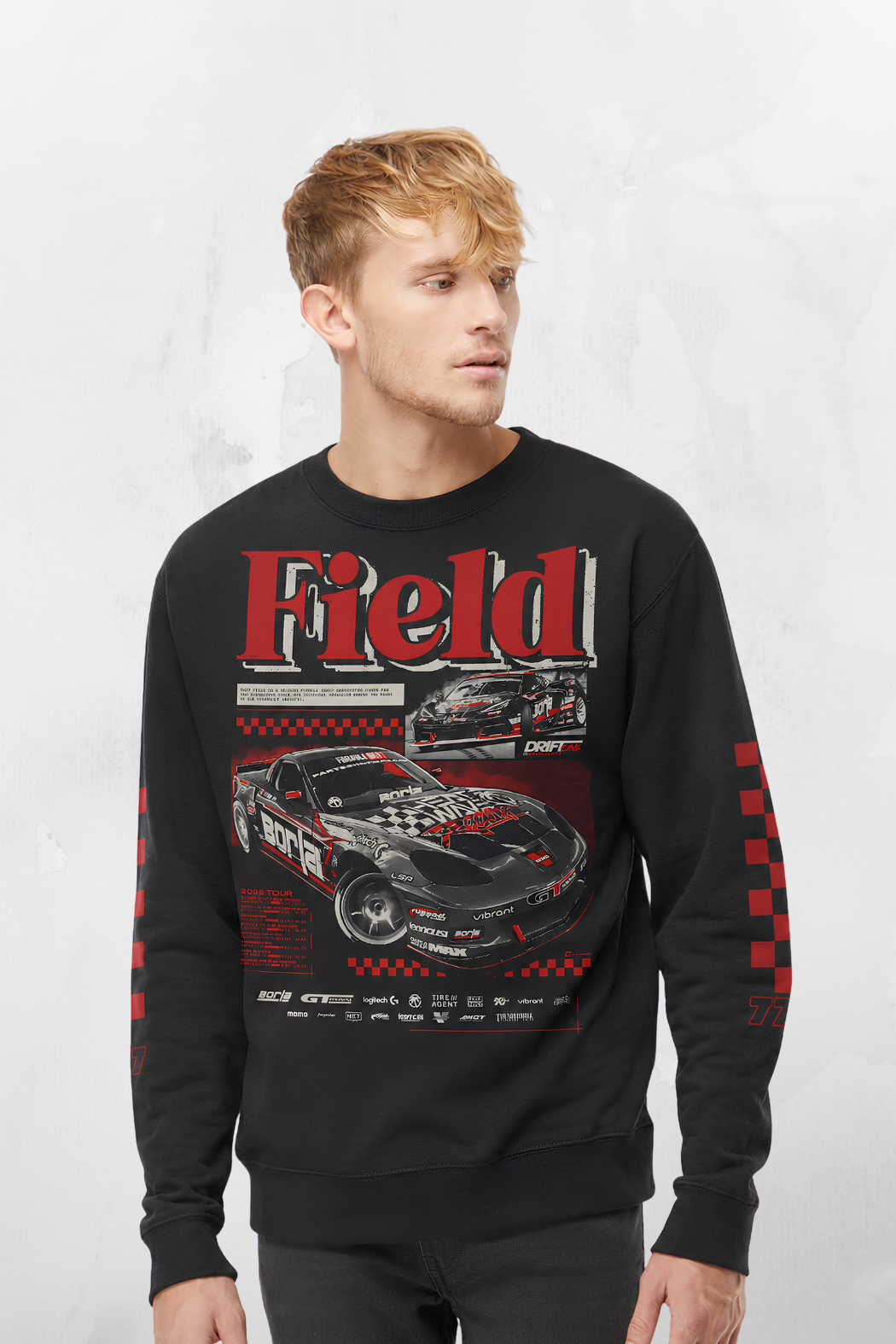Black crewneck sweatshirt with red 'Field' racing car graphic and long sleeves