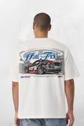 White T-shirt with large back graphic of race car and Matt Field-style logo