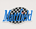 Oval sticker with black-and-white checkers, blue 'Matttified' lettering, '777' in center.