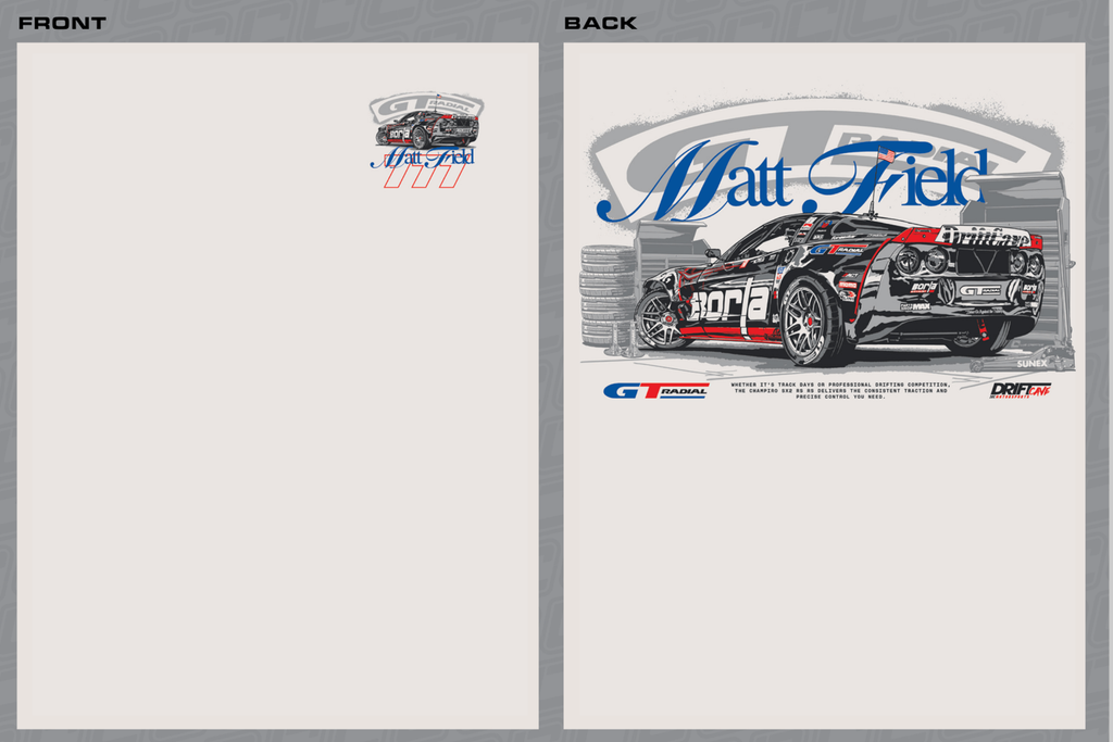 Front and back views of white T-shirt with race car graphics