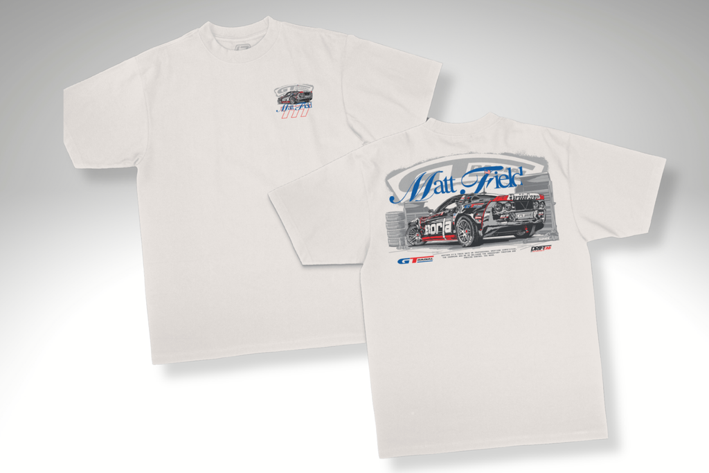 Two white T-shirts with race car graphics, one front and one angled