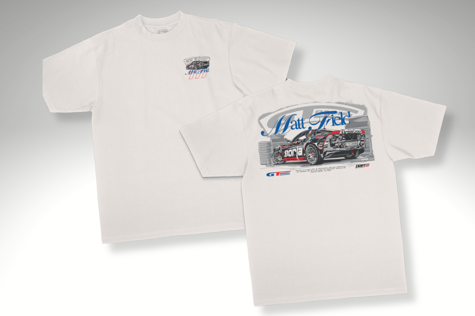 Two white T-shirts with race car graphics, one front and one angled