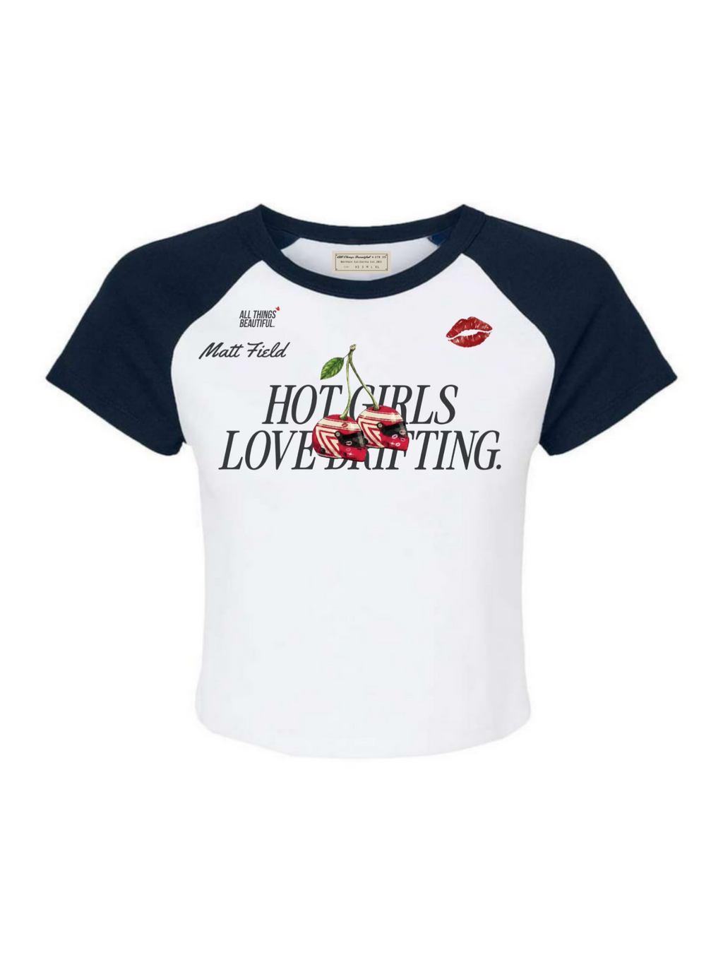 Two-tone navy/white baby tee with raglan sleeves and 'HOT GIRLS LOVE DRIFTING' print
