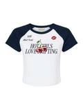Two-tone navy/white baby tee with raglan sleeves and 'HOT GIRLS LOVE DRIFTING' print