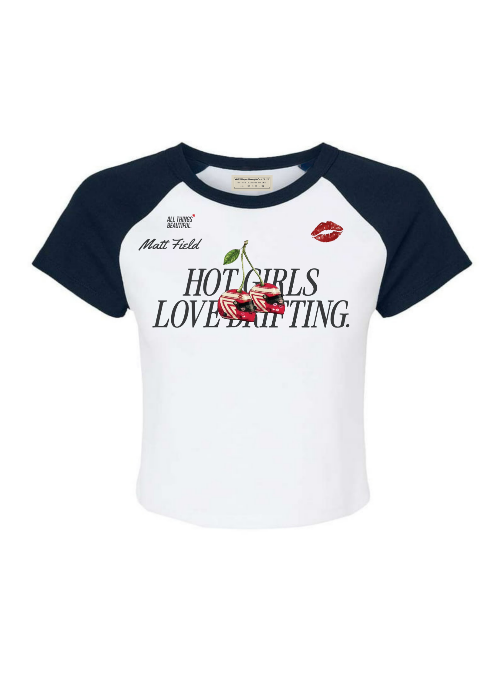 Two-tone navy/white baby tee with raglan sleeves and 'HOT GIRLS LOVE DRIFTING' print