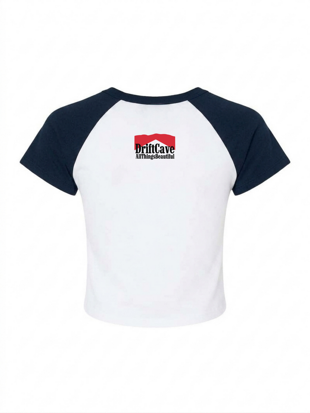 Two-tone navy/white baby tee back with DriftCave logo print
